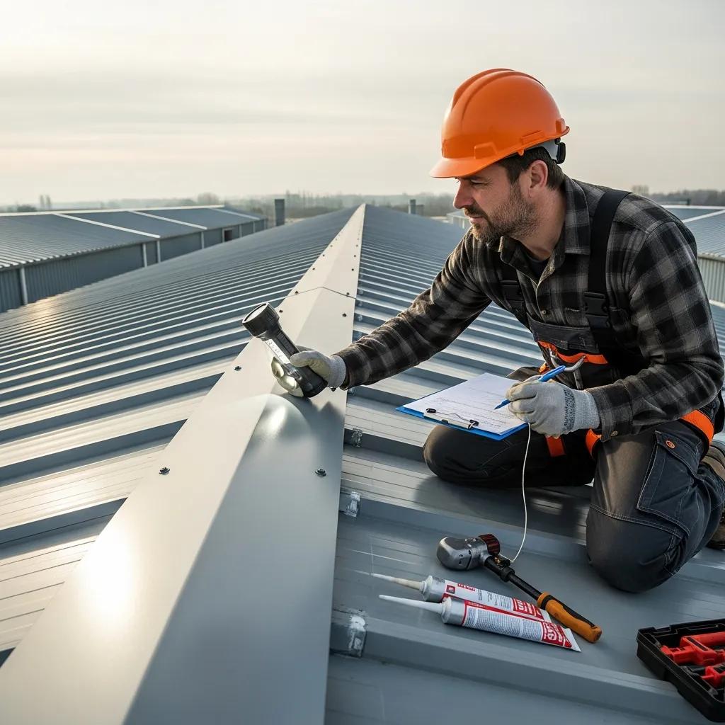 Facility manager inspecting metal building roof panels and seams with tools