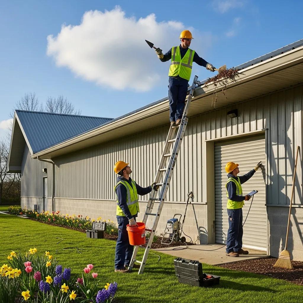 Team of workers performing seasonal maintenance on a metal building in spring